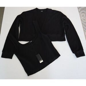 Monrow Women Sz S Black French Terry Tank Top & L/S Cropped Shirt 2-Pc Set